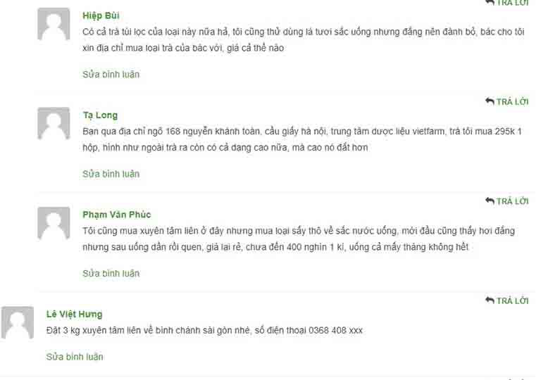 Bình luận của khách hàng sau khi đã đặt mua và sử dụng trà xuyên tâm liên Vietfarm